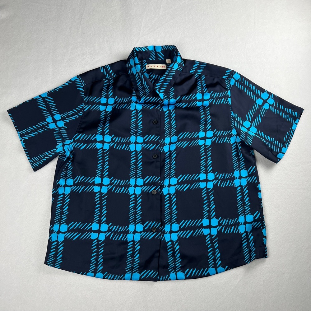 Marni x Uniqlo Women's Oversized Plaid Print Short Sleeve Top Blue Black Medium - Picture 2 of 7